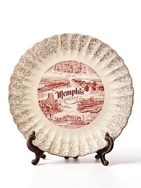 Vintage Collector Memphis Tennessee Plate Red Transferware Gold Border